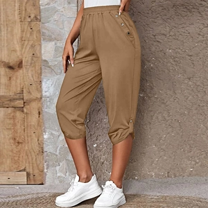 Women's casual khaki capri pants with elastic waist and decorative metal buttons