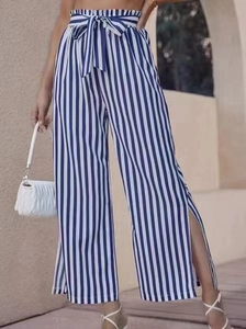 Women's blue and white striped wide-leg trousers with waist tie and side slits