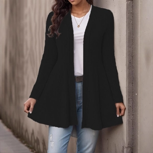 Cardigan lungo nero da donna in maglia a coste con apertura frontale e linea ad A