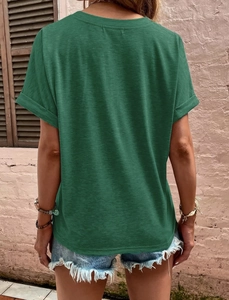 Rear view of casual short sleeve dark green T-shirt with rolled cuffs and round neckline