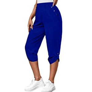 Women's high waist dark blue cropped casual pants with elastic waistband and side buttons