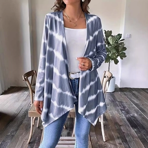 Dames vest met lange mouwen en grijs-witte tie-dye print in een losse casual pasvorm