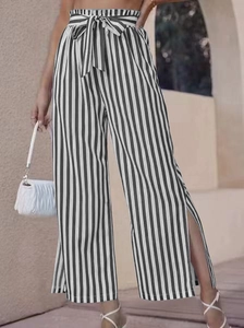 Women's high waist striped wide leg pants with side slits and tie waist detailing