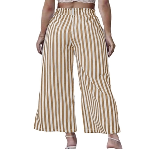 Brown and white vertical striped high waist wide leg pants with an elastic waistband
