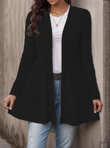 Women's black ribbed knit long cardigan with an open front and a flowing flared silhouette