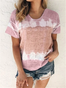 Pink and white tie-dye short sleeve t-shirt with crew neck and casual summer style