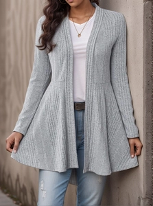 Women ribbed knit cardigan in light grey featuring a stylish peplum hem and slim fit