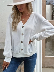 Damen Strickjacke in Weiß mit Waffelstrick-Muster, V-Ausschnitt und Knöpfen
