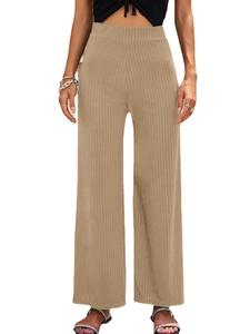 Women high-waisted ribbed wide-leg pants in khaki with breathable elastic waist fabric