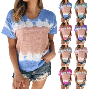 Women Casual Summer Tie Dye Printed T-Shirt Round Neck Short Sleeve Loose Fit Cotton Blend Gradient Striped Top Everyday Wear