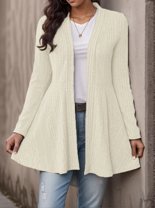 Beige ribbed knit long sleeve peplum cardigan for women styled with casual jeans