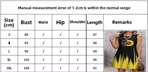 Detailed size chart for sleeveless sunflower dress ranging from S to 2XL with measurements