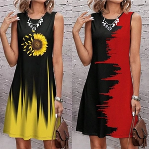 Detail of A-line sleeveless dresses featuring sunflower and abstract brushstroke prints
