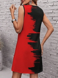 Detail of red and black color-block sleeveless A-line dress with printed texture
