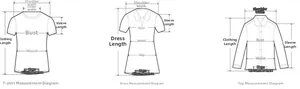 Detailed measurement guide for women's tops, dresses and shirts with size chart diagrams