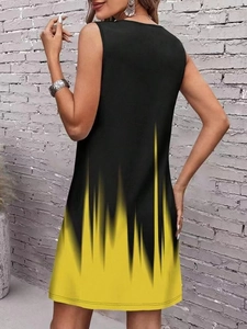 Detail of sleeveless mini dress with yellow gradient flame print on black fabric
