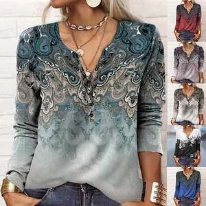 Women V Neck Button Long Sleeve T-Shirt Bohemian Paisley Floral Print Gradient Casual Loose Pullover Top