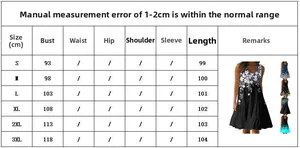 Size chart for floral print pleated sleeveless dress with measurements from S to 3XL