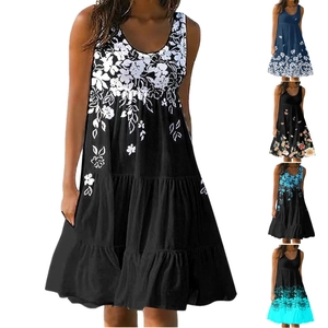 Detail of floral printed tiered sleeveless dress showing multiple color pattern swatches