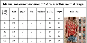 Size guide for bohemian print short sleeve top with measurements for S to 3XL sizes