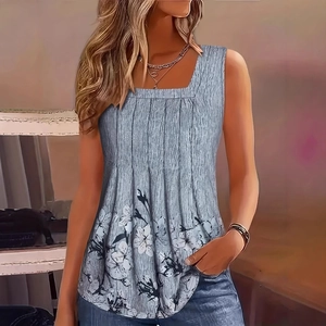 Women Plus Size Casual Floral Print Tank Top Square Neck Sleeveless Pleated Loose Fit Summer Vacation Blouse Top For Women