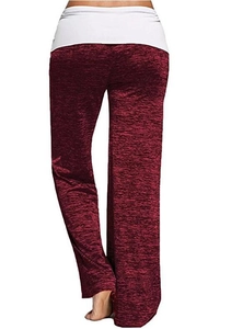 Detailed back view of heathered burgundy yoga pants with a wide white fold-over waistband