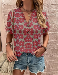 Detail view of V-neck printed short sleeve top with vintage floral pattern and wood buttons
