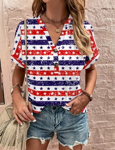 Detail of V-neck top with American flag print, rustic buttons, and vintage worn effect