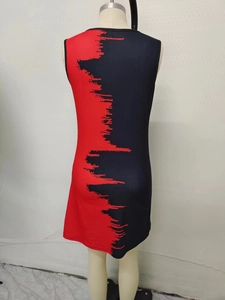 Detail view of the back of a sleeveless bodycon dress with red and black spray-painted pattern