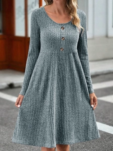 Detail of ribbed-knit texture and button neckline on this grey long sleeve dress