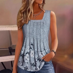 Women's casual blue square neck sleeveless tank top with pleated texture and floral print