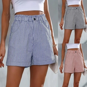 Damen Casual Gestreifte Shorts Hohe Taille Elastischer Bund Taschen Gerollter Saum Sommer Strandshorts Damen Hosen