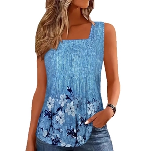 Women's light blue sleeveless pleated floral tank top with square neck and leaf pattern