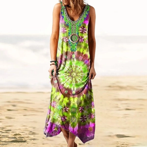 Vestido largo bohemio sin mangas con estampado tie-dye y cuello en V para playa verano