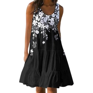 Women's summer black sleeveless dress with white floral print and tiered ruffle skirt