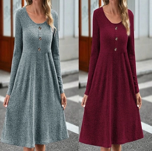 Women's Ribbed Knit A-Line Midi Dress Long Sleeve Round Neck Solid Color Casual Vacation Button Decor Knitted Dress
