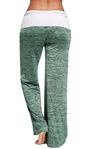 Detail of marled green yoga pants with wide white fold-over waistband, back view closeup