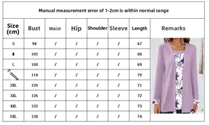 Size chart for long sleeve t-shirt showing bust and length from S to 5XL for women