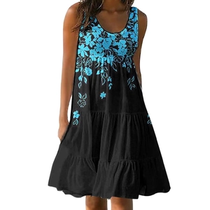 Sleeveless floral A-line tiered dress in black with light blue print for summer