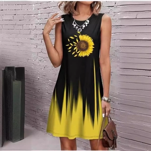 Women's sleeveless A-line dress with sunflower print and black to yellow ombre style