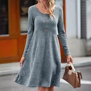 Women's grey ribbed long-sleeved dress with buttoned neckline and elegant A-line silhouette