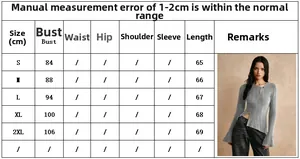 Size chart for women's long sleeve ribbed button T-shirt showing bust and length measures