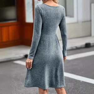 Women casual grey ribbed knit long sleeve dress with high waist A-line cut and round neck