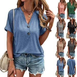 Women Casual Cotton T-Shirt V Neck Short Sleeve Fashion Solid Color Button Decor Loose Fit Summer Tops Tee Shirt