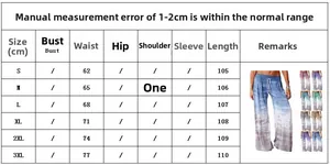 Detailed size chart for wide leg yoga pants from size S to 3XL with measurements
