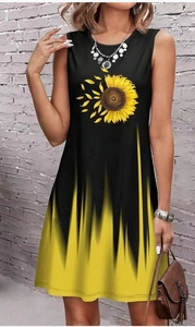 Damen Sommerkleid ärmellos in Schwarz mit Sonnenblumenmuster und gelbem Farbverlauf am Saum