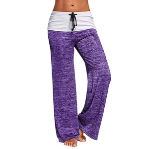 Women's wide leg yoga pants featuring space-dye purple fabric and white drawstring waist