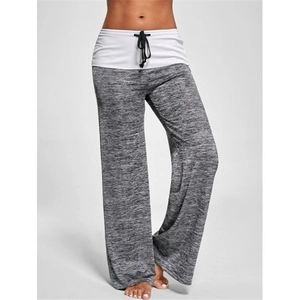 Women's heather grey wide-leg yoga pants with a contrasting white fold-over waistband