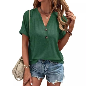 Dark green V-neck cotton linen t-shirt with button detail and rolled sleeves