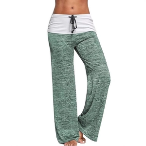 Women's green marl wide-leg yoga pants with high-waisted white contrast fold-over and drawstring
